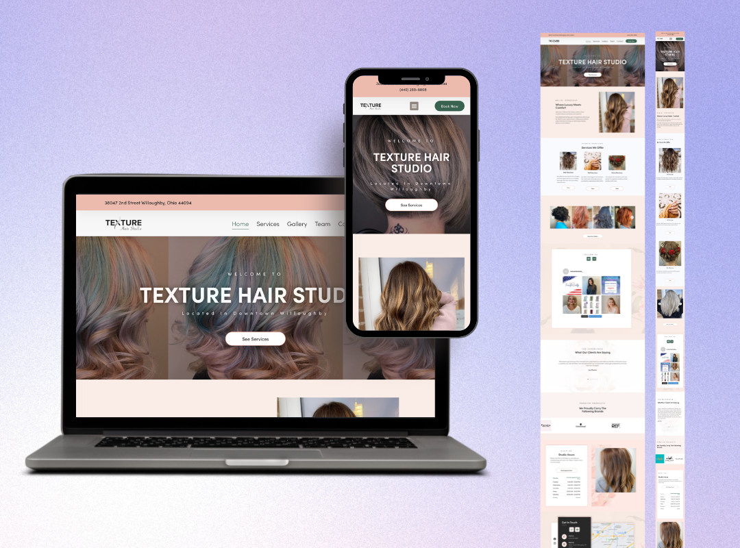 A laptop and smartphone displaying the "Texture Hair Studio" website, showcasing services, gallery, and stylish hairstyles.