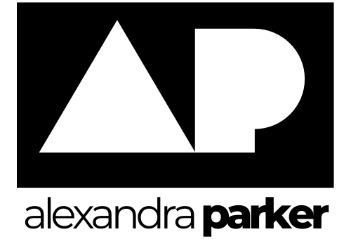 Alexandra Parker Logo, white letter A and P stylized against a black rectangle with the words alexandra parker under it