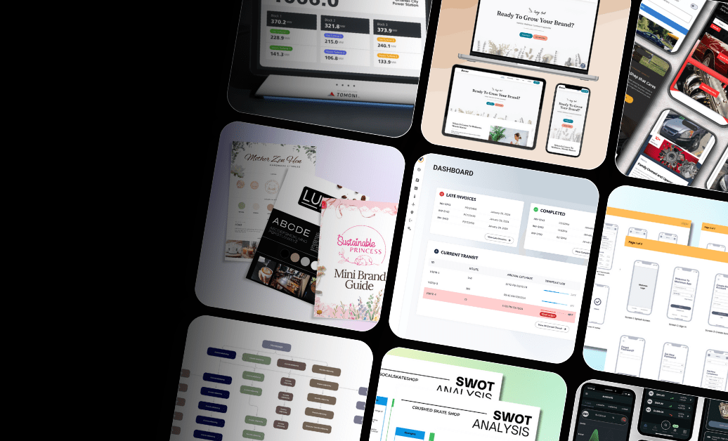 A collage of various digital design interfaces, including dashboards, brand guides, and mobile app layouts in diverse styles.