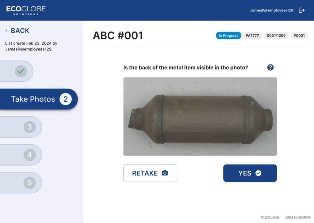 The interface asks whether the back of a catalytic converter is visible in the uploaded image, with options to retake the photo or confirm and continue. A five step progress sidebar is displayed on the left.